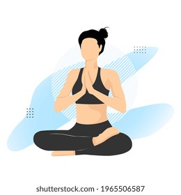 Woman practicing yoga poses on abstract blue background. Flat cartoon colored vector illustration