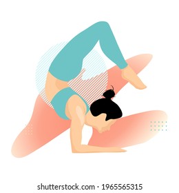 Woman practicing yoga poses on abstract peach background. Flat cartoon colored vector illustration