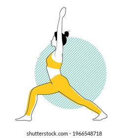 Woman practicing yoga poses on abstract green turquoise color background. Flat cartoon colored vector illustration