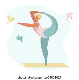 Woman practicing yoga pose.Woman doing stretching legs.Girl Doing Yoga and Aerobics Exercise.Healthy lifestyle.Standing with Hands Up on one leg.Sport Life Activity.Vector flat illustration