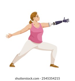 Woman practicing yoga with a prosthetic arm in a dynamic pose. Vector illustration