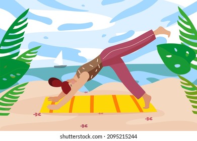 Woman practicing yoga in seacoast background. Young girl doing asanas on mat on sea beach. Physical activity outdoors. Nature scenery at seaside resort. Vector illustration in flat cartoon design