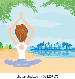 woman practicing yoga at seashore