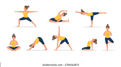 Woman practicing yoga, set of different poses. Healthy lifestyle. Vector illustration in flat style