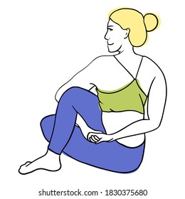 Woman practicing yoga is sitting in Ardha Matsyendrasana variation, twisting and balancing. Young tall lady, legs crossed, arms in chain locked. Smiling beautiful positive female person Caucasian