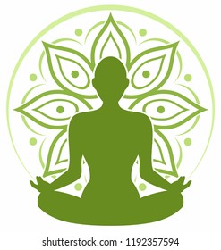 Woman practicing yoga, sitting in a lotus position with ornaments on background, vector yoga logo.