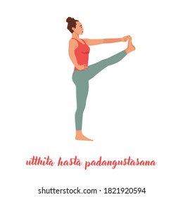 Woman practicing yoga, standing in Extended Hand to Big Toe exercise, Utthita Hasta Padangustasana pose. Flat vector illustration isolated on white background