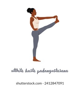 Woman practicing yoga, standing in Extended Hand to Big Toe exercise, Utthita Hasta Padangustasana pose. Flat vector illustration isolated on white background