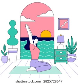 Woman practicing yoga stretch at sunset by the sea, mindfulness, wellness and peaceful outdoor fitness concept