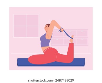 Woman practicing yoga stretching the body, routine home activity. Character design. Vector flat illustration