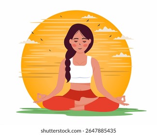 a woman practicing yoga at sunrise healthy woman relaxing and practicing yoga at nature mindfulness vector illustration	
