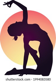 Woman practicing yoga at sunset.