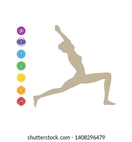 woman practicing yoga and symbols for psychic energy centers