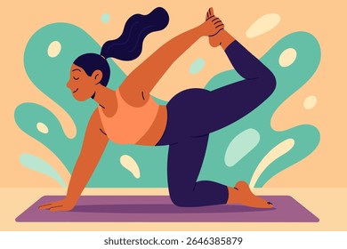 Woman practicing yoga in tiger pose, balancing on one hand and knee with back leg lifted