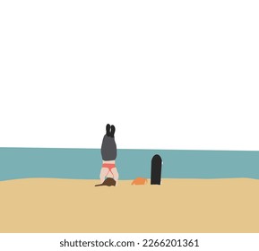 Woman practicing yoga for training body vitality and flexibility during morning on the beach. Summer leisure, vacation. Healthy lifestyle