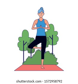 woman practicing yoga tree pose at outdoors over white background, vector illustration