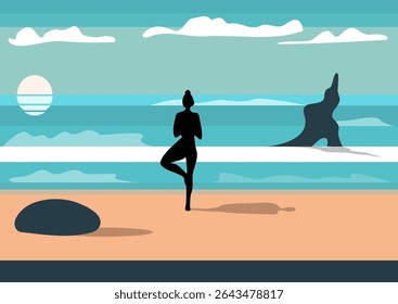 Uma mulher praticando ioga em pose de árvore em uma praia. Sereno conceito paisagem oceânica para bem-estar, meditação e ilustração estilo de vida saudável.