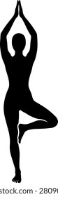 Woman practicing yoga tree pose vrksasana black silhouette vector illustration fitness wellness balance icon design