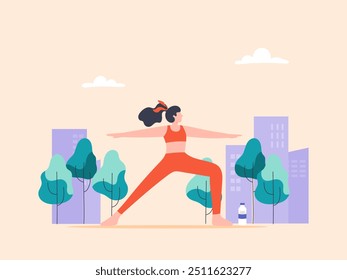 Woman practicing yoga in an urban park. Healthy lifestyle and relaxation.