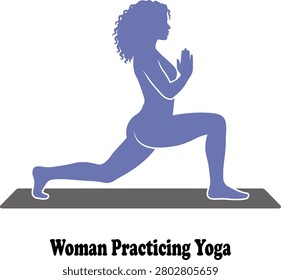 Woman practicing yoga vector illustration with female silhouette in crescent lunge pose on mat