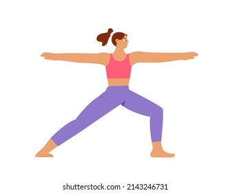 Woman practicing yoga, warrior II pose, Virabhadrasana II. Flat vector illustration, isolated character