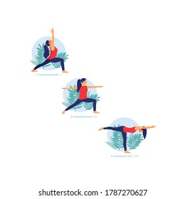 Woman practicing yoga in warrior pose, meditation, mindfulness vector illustration