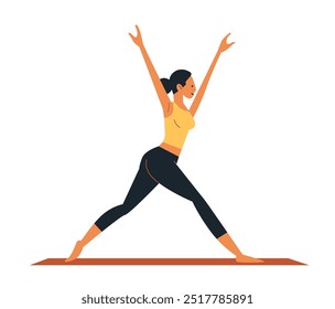 Woman practicing yoga in warrior pose on mat fitness exercise healthy lifestyle flat design