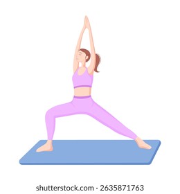 Woman practicing yoga warrior pose on mat. Healthy lifestyle and fitness illustration for wellness and meditation concepts.
