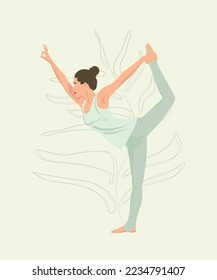 Woman practicing yoga.Woman meditating with nature background.Cute vector illustration in flat style.
