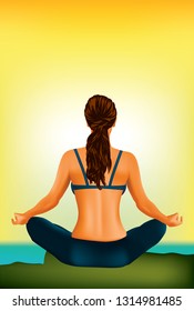 woman practising yoga in the sunrise in vector illustration
