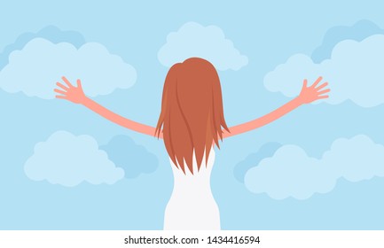 Woman praising with stretched out arms, rear view. Young girl wearing white clothes open hands to sky, express approval, god admiration, practicing relaxation. Vector flat style cartoon illustration