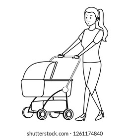 woman with pram black and white