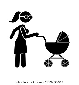 Woman with pram pictogram flat icon isolated on white background