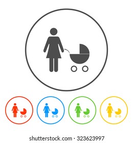 Woman with pram pictogram flat icon. design style eps 10