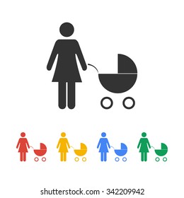 Woman with pram pictogram flat icon. design style eps 10