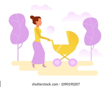 Woman with a pram Vector. Cartoon. Isolated art on white background. Flat