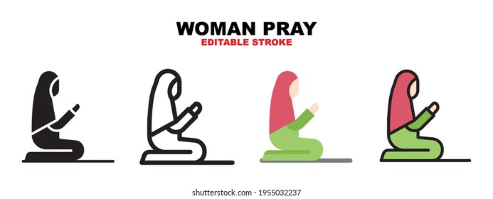 Woman Pray icon set with different styles. Icons designed in filled, outline, flat, glyph and line colored. Editable stroke and pixel perfect. Can be used for web, mobile, ui and more.