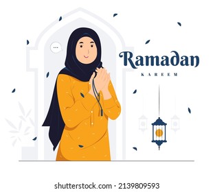 Frau Betet auf Ramadan Kareem Konzeptgrafik