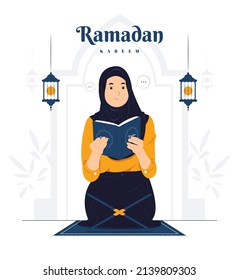 Woman Pray and Reading Quran on Ramadan Kareem concept illustration