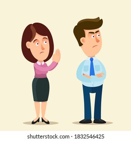 A woman with praying arms asks for forgiveness from a boyfriend. A man offended and insulted. Vector illustration, flat design, cartoon style, isolated background.