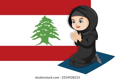 Woman praying beside the Lebanese flag