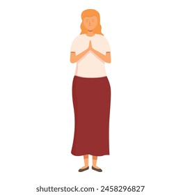 Woman praying at home icon cartoon vector. Long red skirt. Belief in love