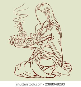 A woman praying with Krathong vector for card, decoration, illustration