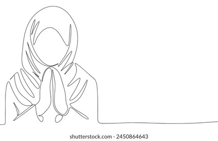 Woman praying one line continuous. Line art pray woman. Hand drawn vector art.