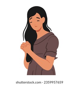 Woman Praying In Quiet Devotion, Hands Clasped In Prayer, Eyes Closed, Seeking Solace And Connection With The Divine. Isolated Female Character Praise God. Cartoon People Vector Illustration