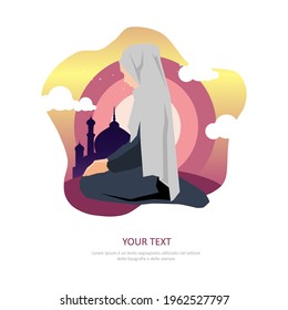woman praying in ramadan kareem with silhouette mosque background, happy eid, illustration vector graphic islamic holy month of ramadhan. Perfect for concept of presentation, banner, cover and promo