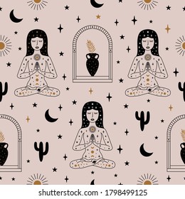 Woman Praying Seamless Pattern in Vector.
