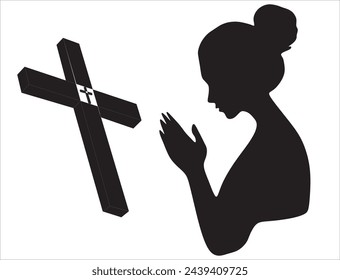 Woman praying. Sketch of woman praying with hands folded in worship, eyes closed in hope, Hand drawn vector illustration with hatched shades.