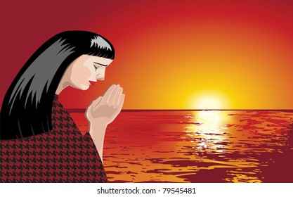 A woman is praying at sunset, vector format.