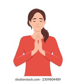 Woman praying.Beautiful woman meditates. Zen and relaxation. Flat vector illustration isolated on white background